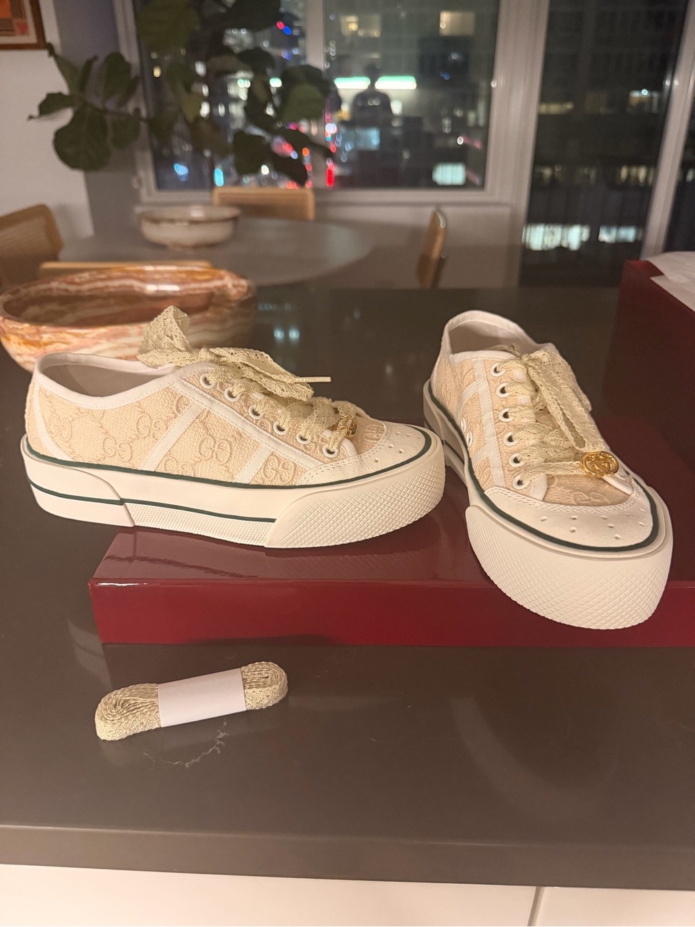Gucci Cream Monogram Lace-Up Platform Sneakers with Gold Charm